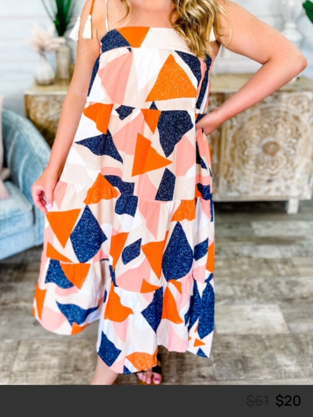 Entro shoulder tie women’s Geometric Dress in Red, Orange, and Blue